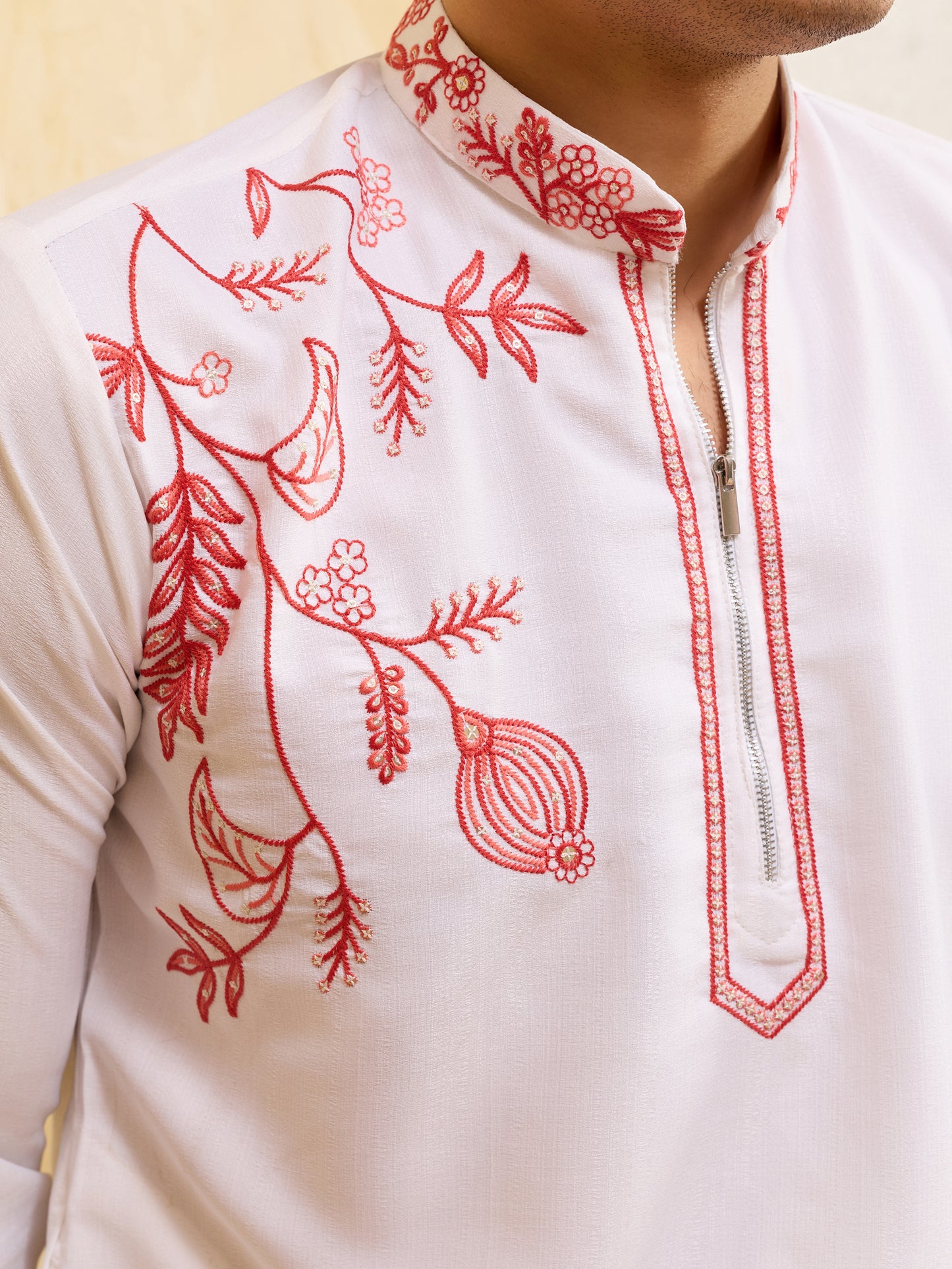 Pure White Khadi Silk Kurta for Men with Vibrant Red Floral Embroidery – Designer Festive & Wedding Wear