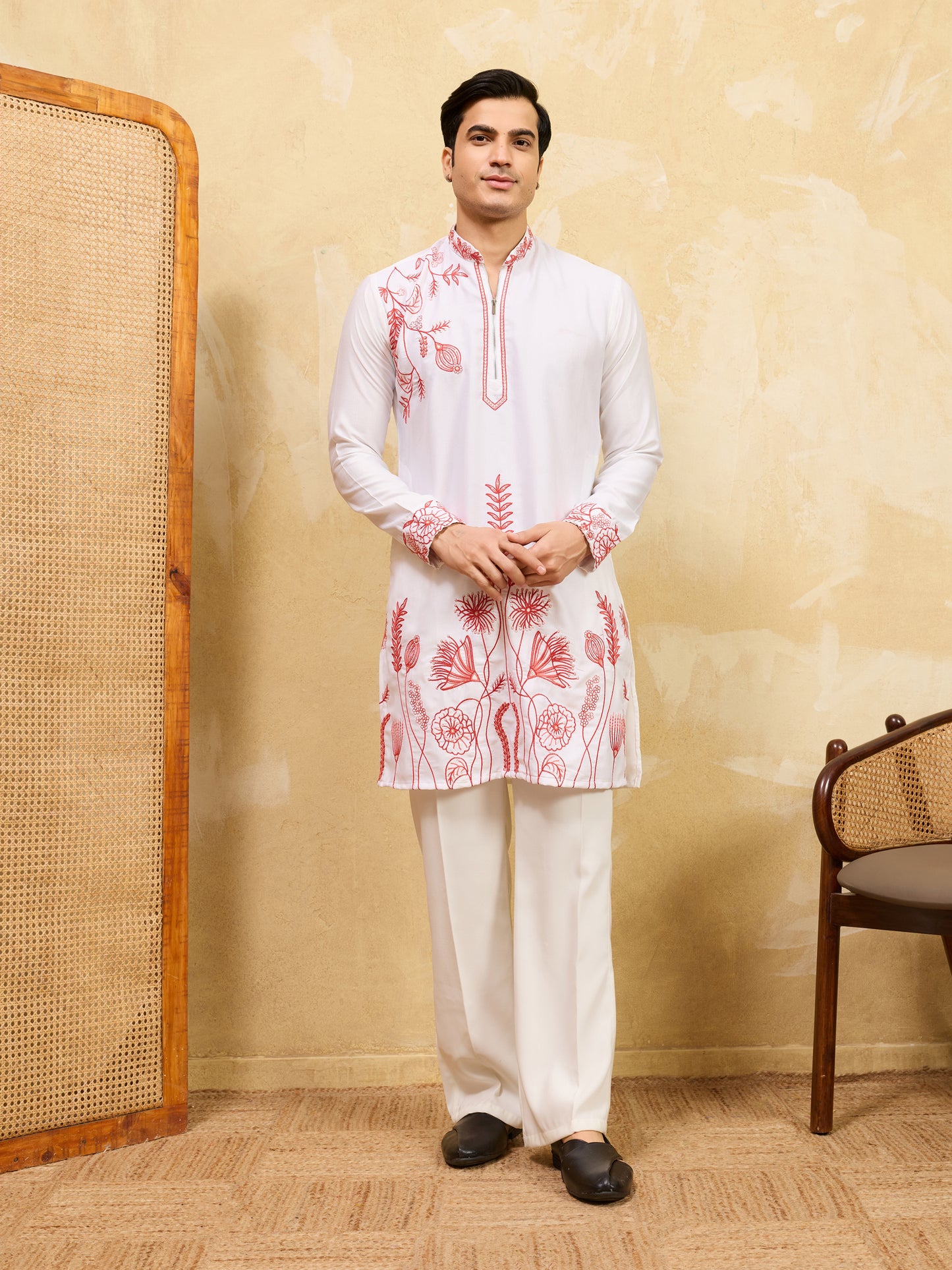 Pure White Khadi Silk Kurta for Men with Vibrant Red Floral Embroidery – Designer Festive & Wedding Wear