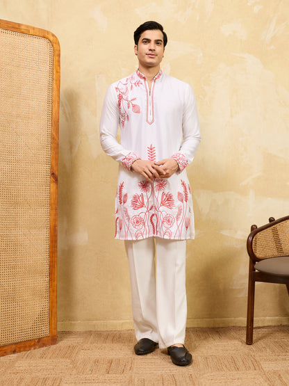 Pure White Khadi Silk Kurta for Men with Vibrant Red Floral Embroidery – Designer Festive & Wedding Wear