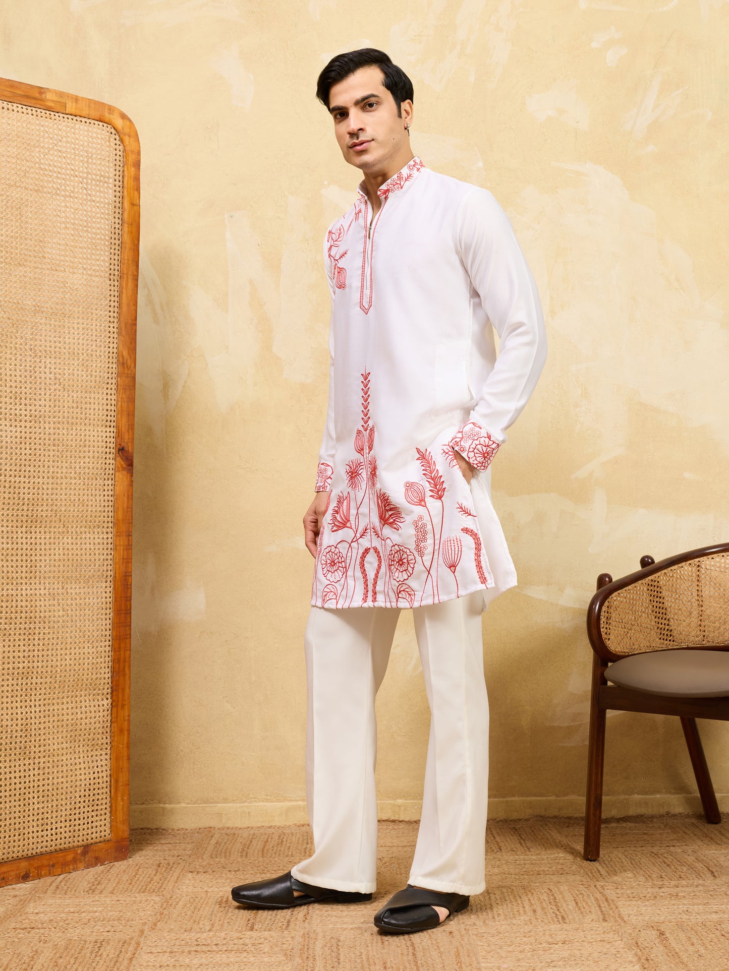 Pure White Khadi Silk Kurta for Men with Vibrant Red Floral Embroidery – Designer Festive & Wedding Wear