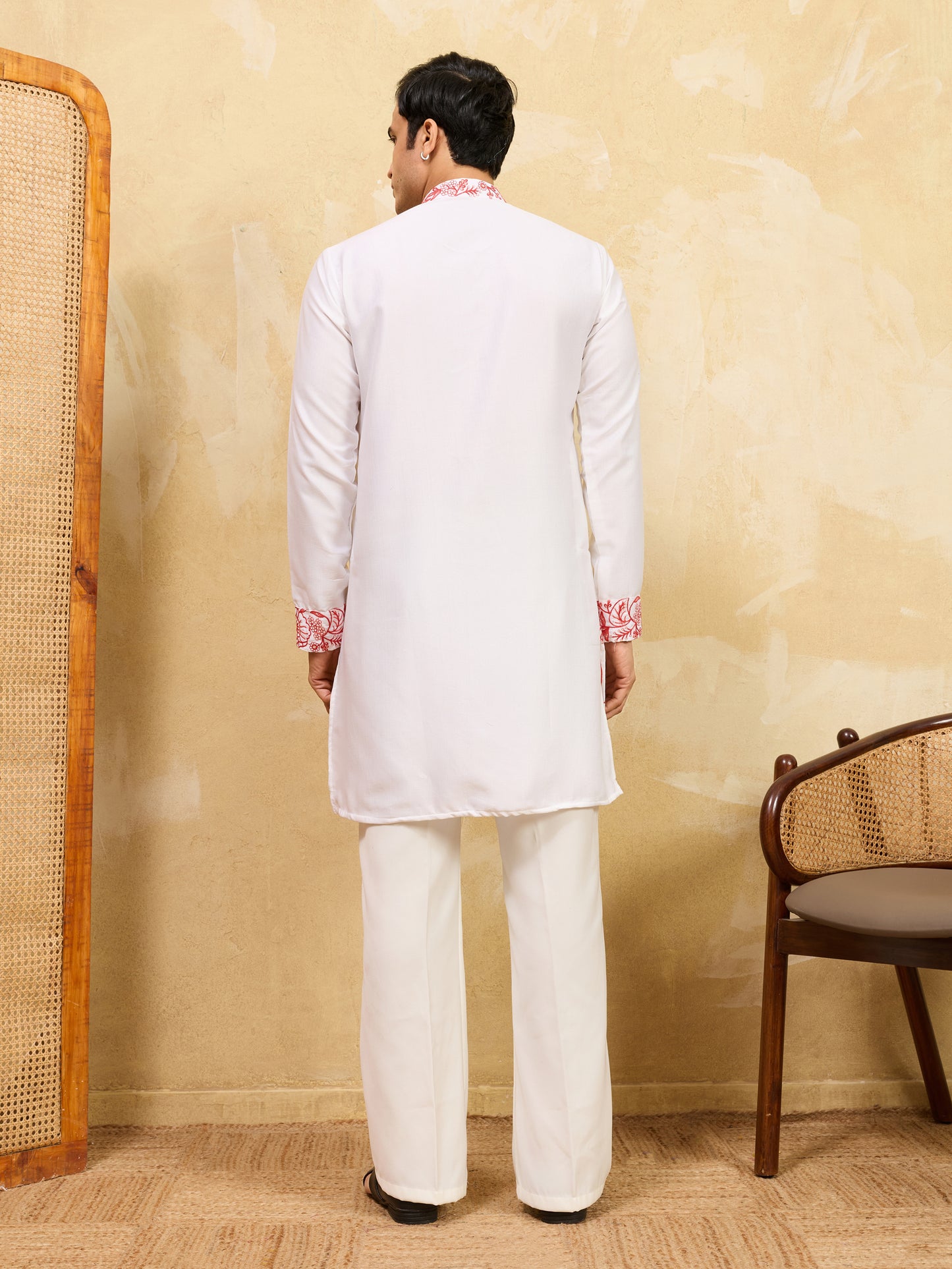 Pure White Khadi Silk Kurta for Men with Vibrant Red Floral Embroidery – Designer Festive & Wedding Wear