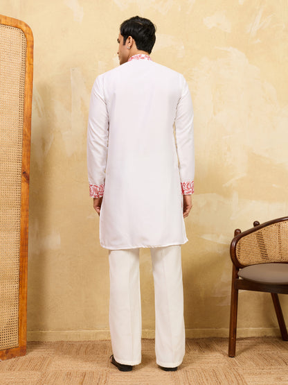 Pure White Khadi Silk Kurta for Men with Vibrant Red Floral Embroidery – Designer Festive & Wedding Wear