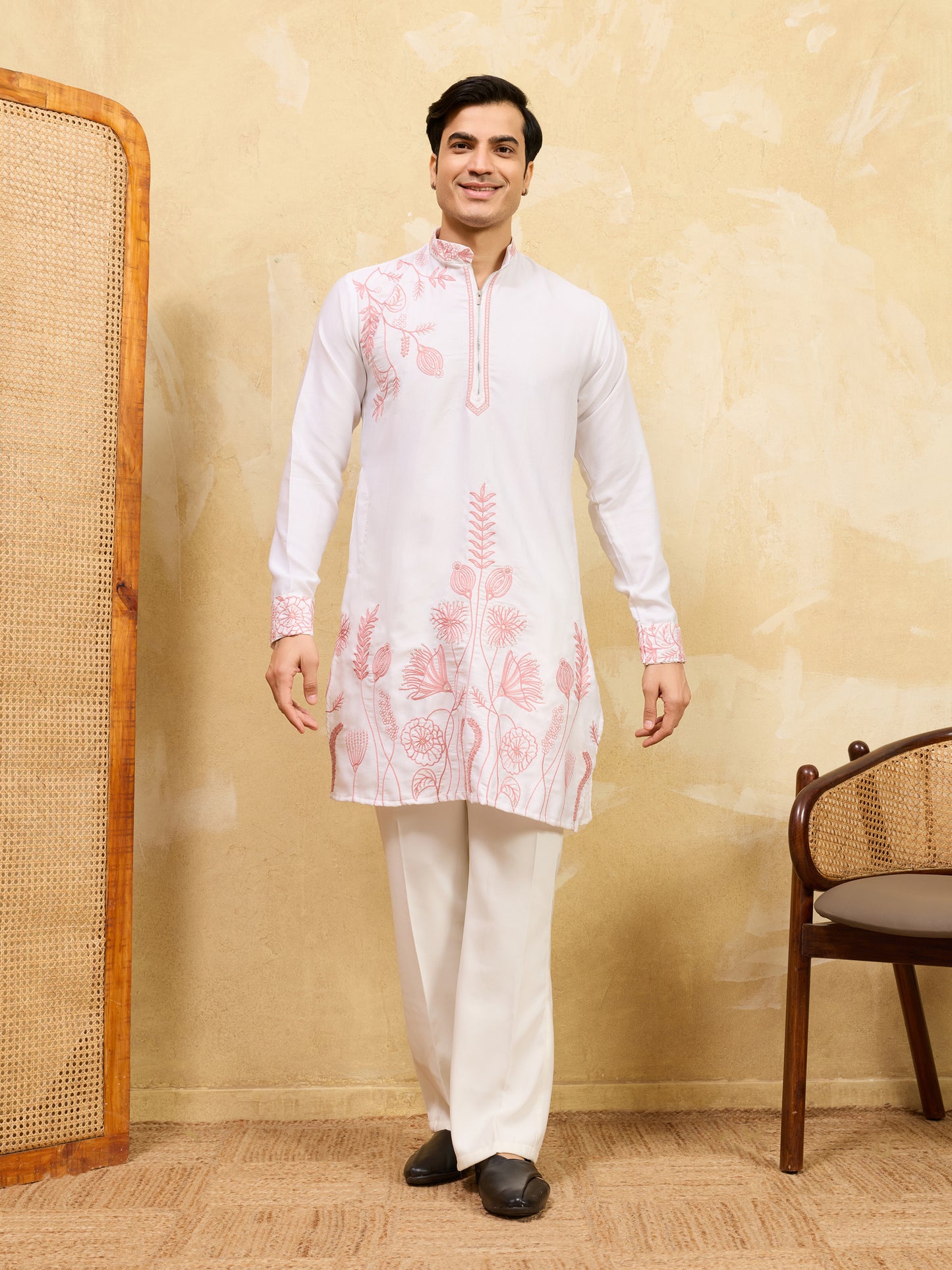 Elegant White Khadi Silk Kurta for Men with Blush Pink Floral Embroidery – Premium Festive & Wedding Wear