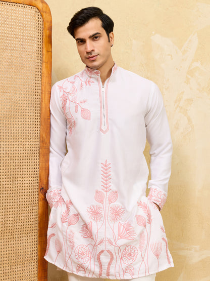 Elegant White Khadi Silk Kurta for Men with Blush Pink Floral Embroidery – Premium Festive & Wedding Wear