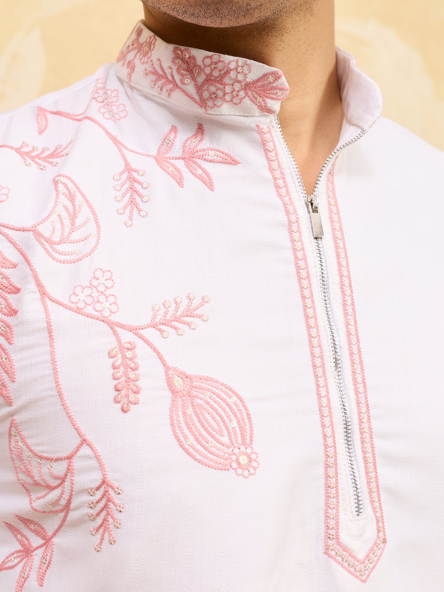 Elegant White Khadi Silk Kurta for Men with Blush Pink Floral Embroidery – Premium Festive & Wedding Wear