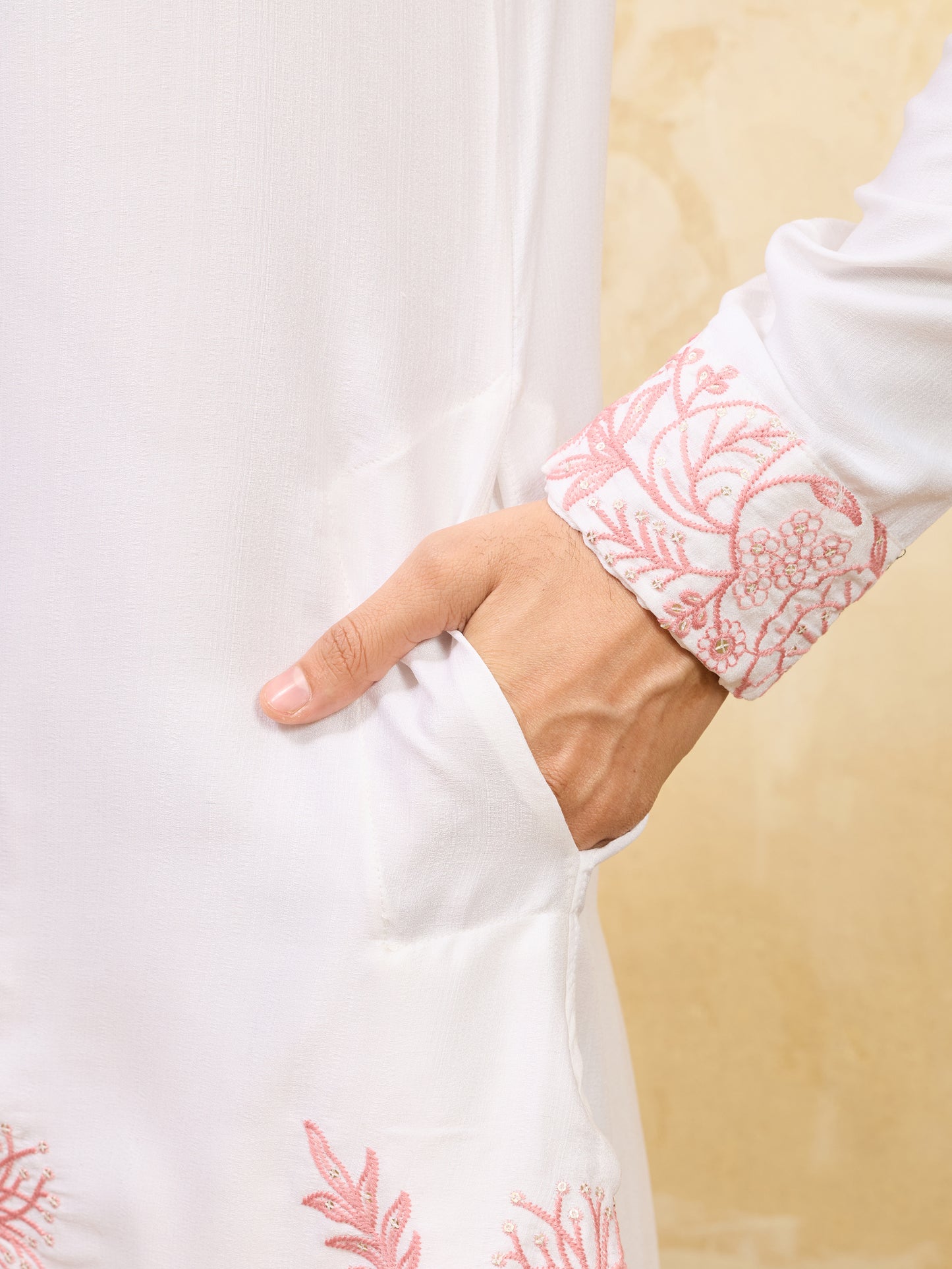 Elegant White Khadi Silk Kurta for Men with Blush Pink Floral Embroidery – Premium Festive & Wedding Wear
