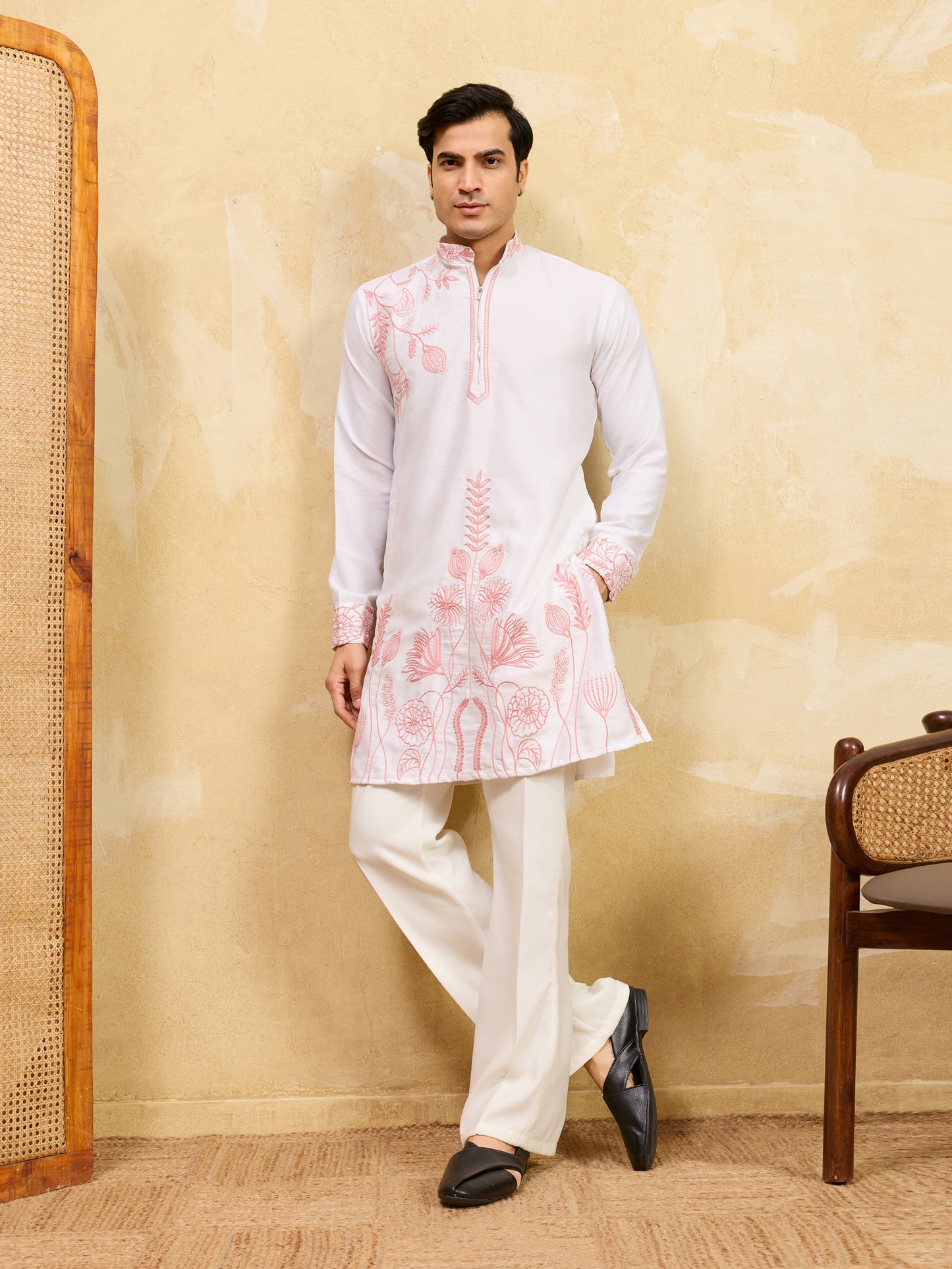 Elegant White Khadi Silk Kurta for Men with Blush Pink Floral Embroidery – Premium Festive & Wedding Wear