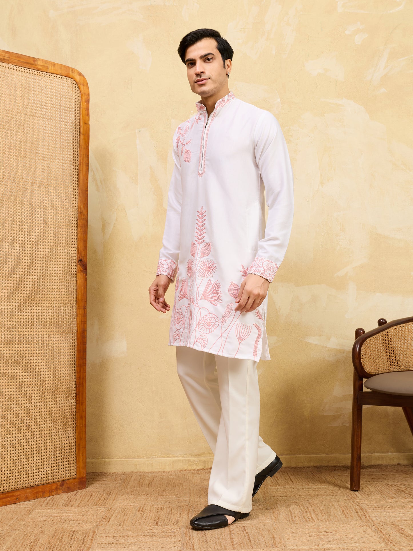 Elegant White Khadi Silk Kurta for Men with Blush Pink Floral Embroidery – Premium Festive & Wedding Wear