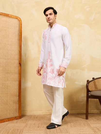 Elegant White Khadi Silk Kurta for Men with Blush Pink Floral Embroidery – Premium Festive & Wedding Wear