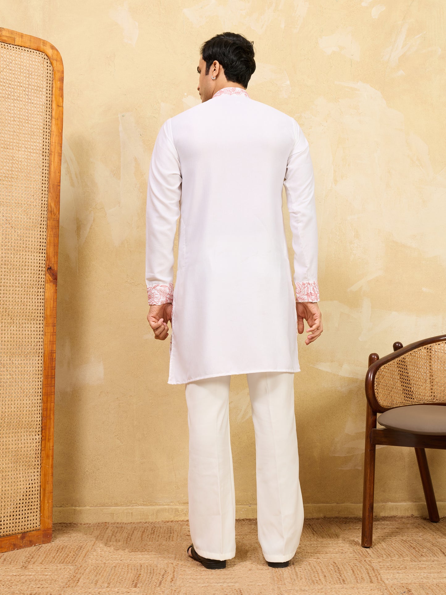 Elegant White Khadi Silk Kurta for Men with Blush Pink Floral Embroidery – Premium Festive & Wedding Wear