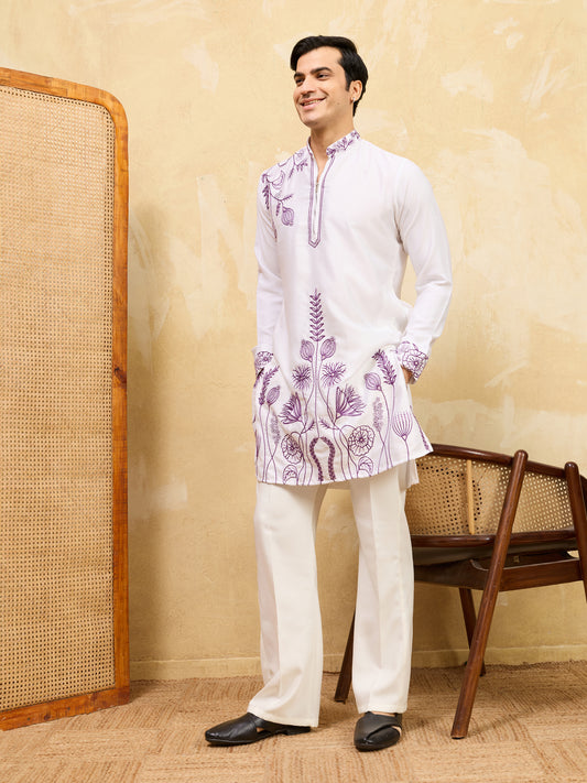 Royal Amethyst Ivory Kurta – Premium White Silk Kurta with Purple Floral Embroidery