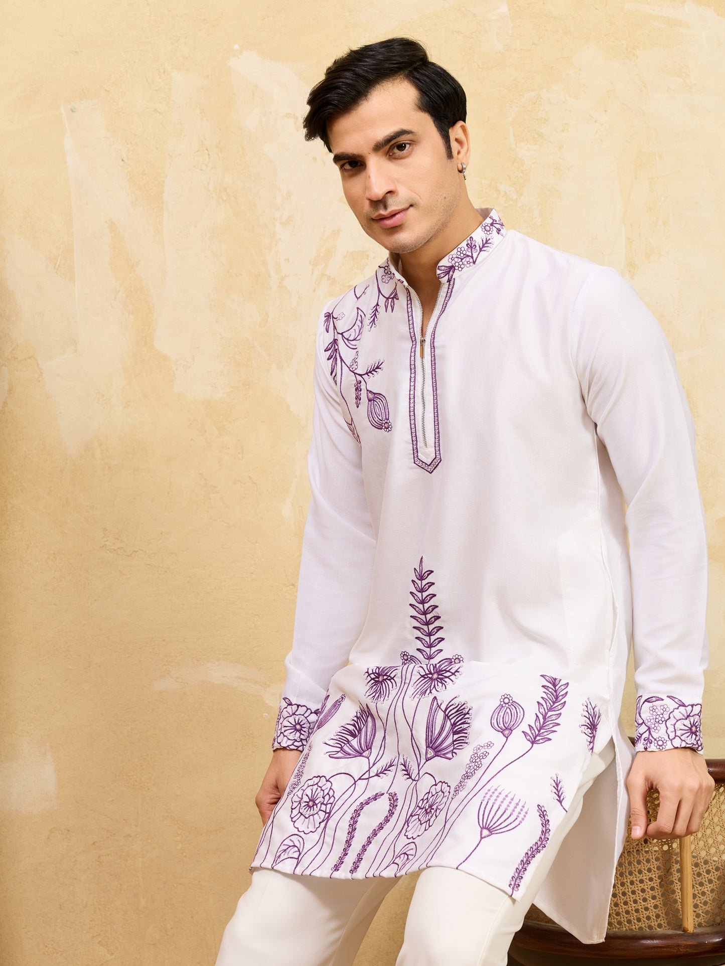 Royal Amethyst Ivory Kurta – Premium White Silk Kurta with Purple Floral Embroidery