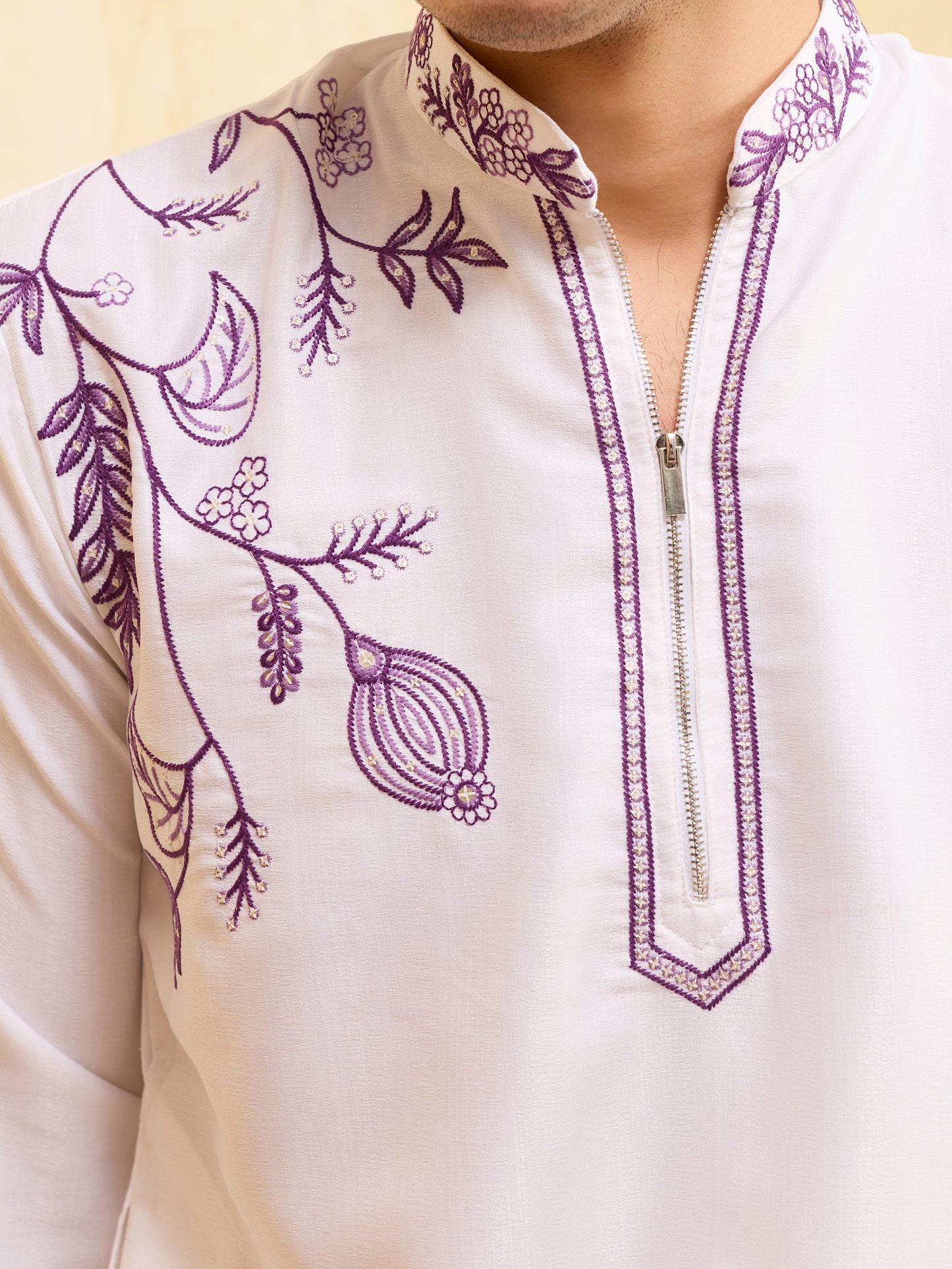 Royal Amethyst Ivory Kurta – Premium White Silk Kurta with Purple Floral Embroidery