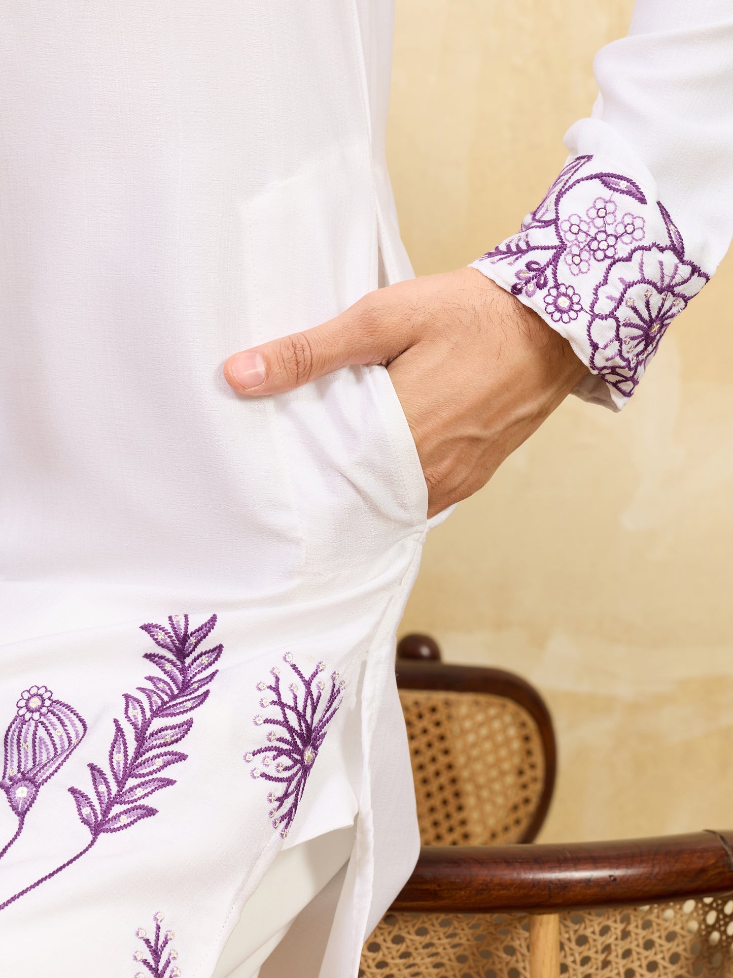 Royal Amethyst Ivory Kurta – Premium White Silk Kurta with Purple Floral Embroidery