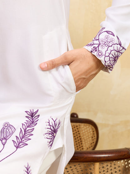 Royal Amethyst Ivory Kurta – Premium White Silk Kurta with Purple Floral Embroidery