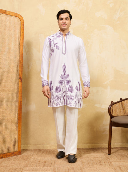 Royal Amethyst Ivory Kurta – Premium White Silk Kurta with Purple Floral Embroidery