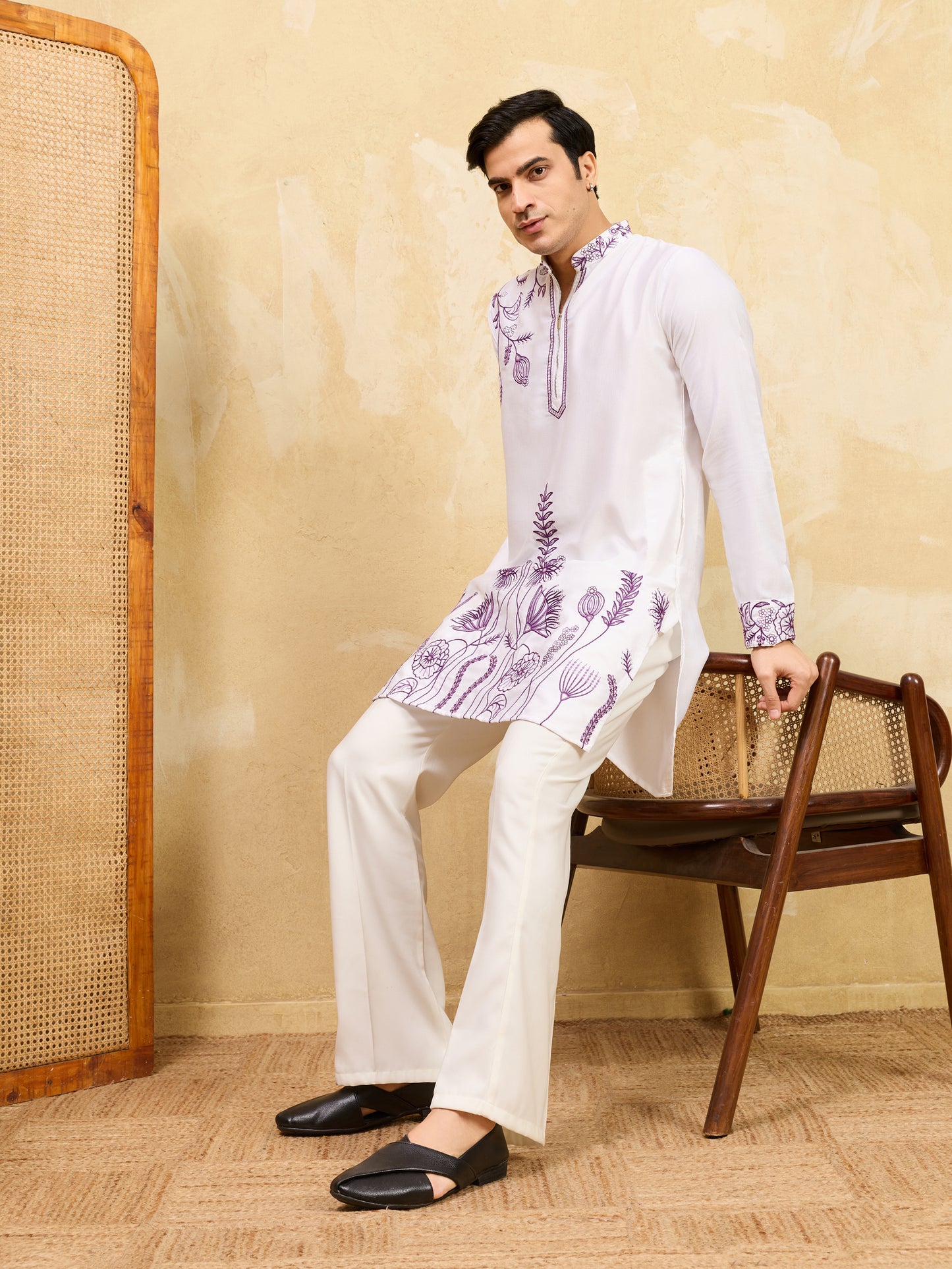 Royal Amethyst Ivory Kurta – Premium White Silk Kurta with Purple Floral Embroidery