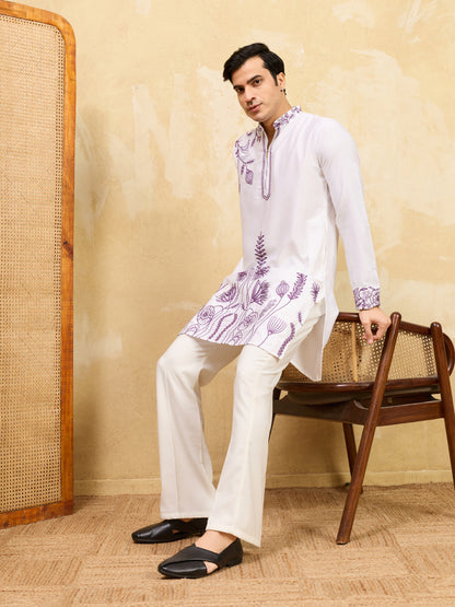 Royal Amethyst Ivory Kurta – Premium White Silk Kurta with Purple Floral Embroidery