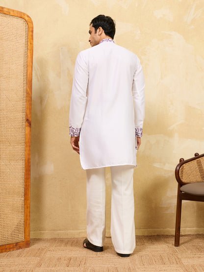Royal Amethyst Ivory Kurta – Premium White Silk Kurta with Purple Floral Embroidery