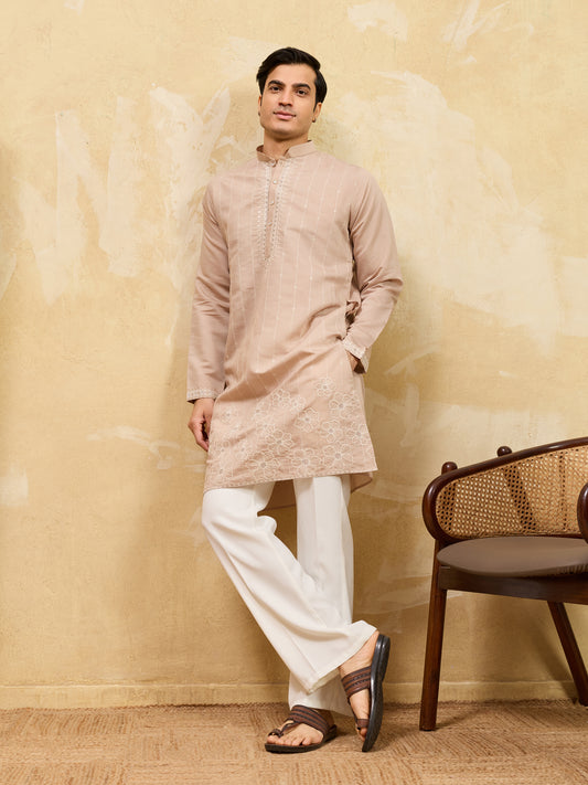 Desert Sand Royale Kurta – Premium Beige Silk Kurta with Elegant Floral Embroidery