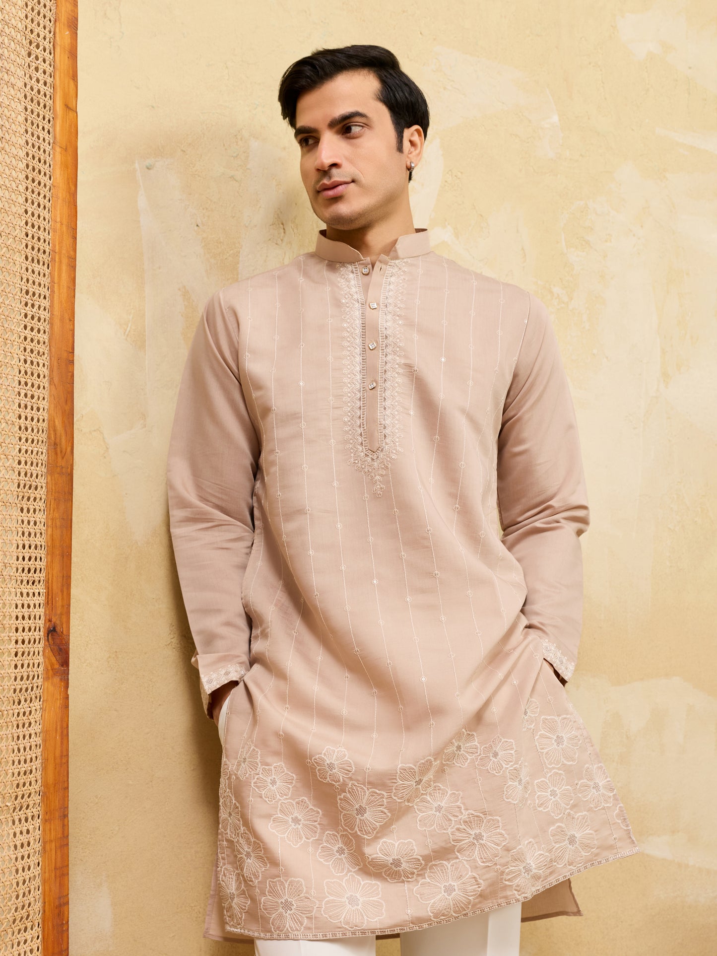 Desert Sand Royale Kurta – Premium Beige Silk Kurta with Elegant Floral Embroidery