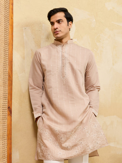 Desert Sand Royale Kurta – Premium Beige Silk Kurta with Elegant Floral Embroidery