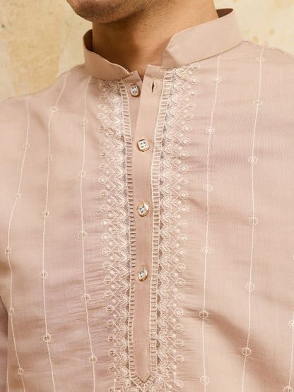Desert Sand Royale Kurta – Premium Beige Silk Kurta with Elegant Floral Embroidery