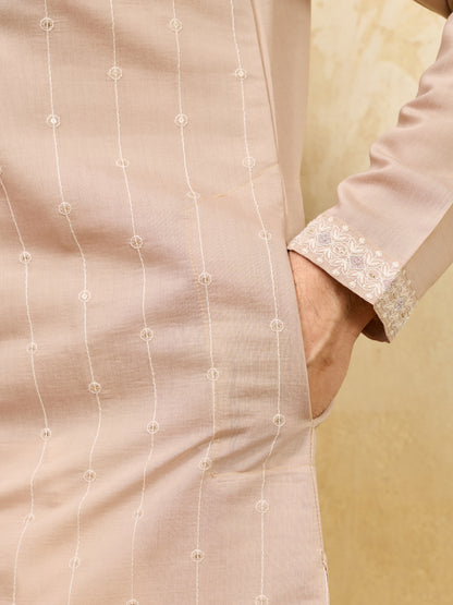 Desert Sand Royale Kurta – Premium Beige Silk Kurta with Elegant Floral Embroidery