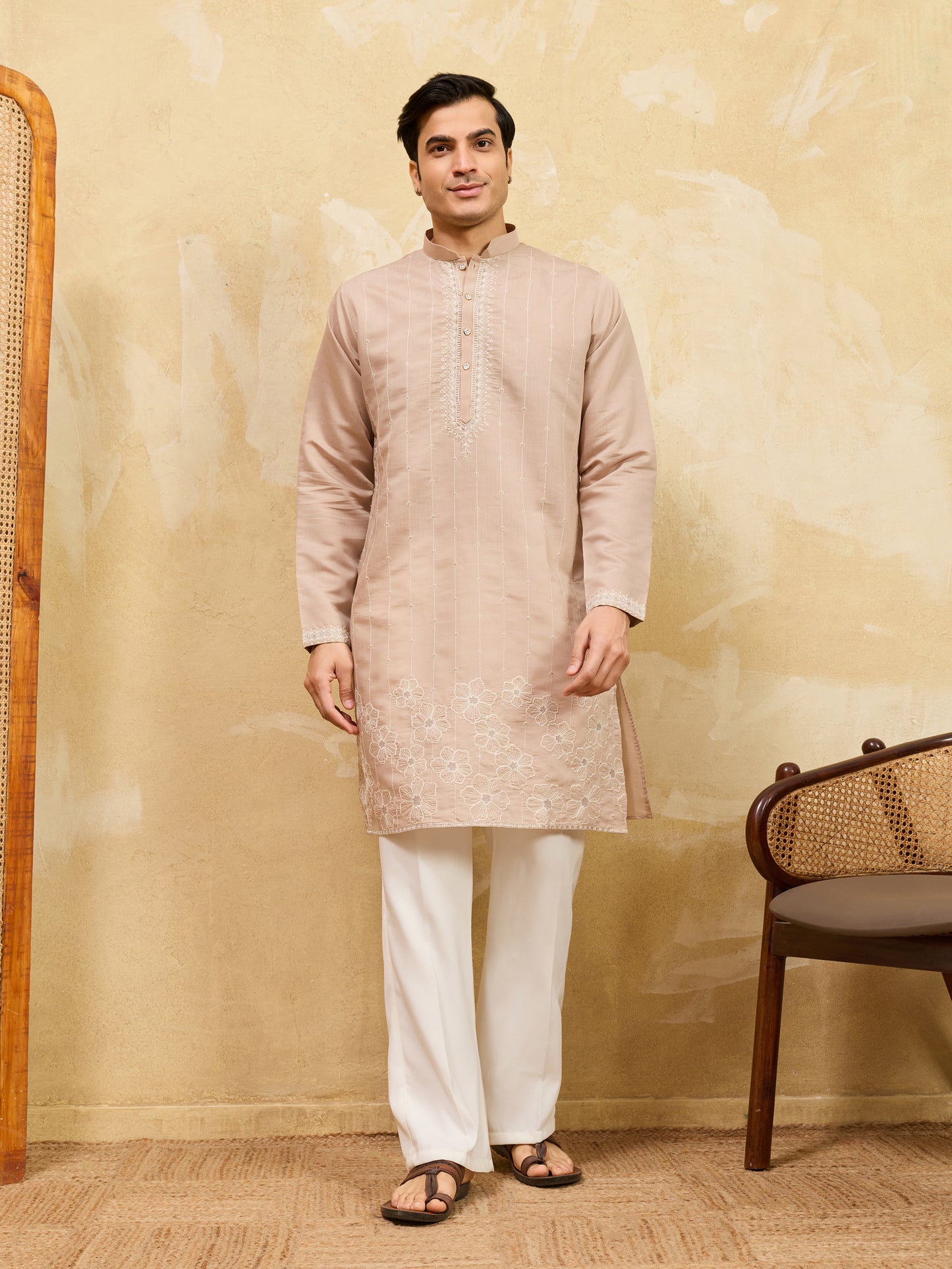 Desert Sand Royale Kurta – Premium Beige Silk Kurta with Elegant Floral Embroidery
