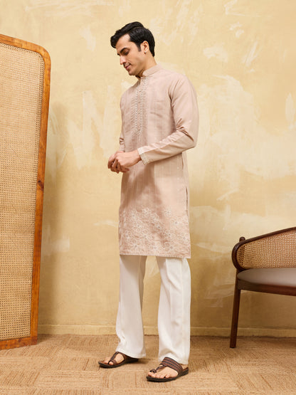 Desert Sand Royale Kurta – Premium Beige Silk Kurta with Elegant Floral Embroidery