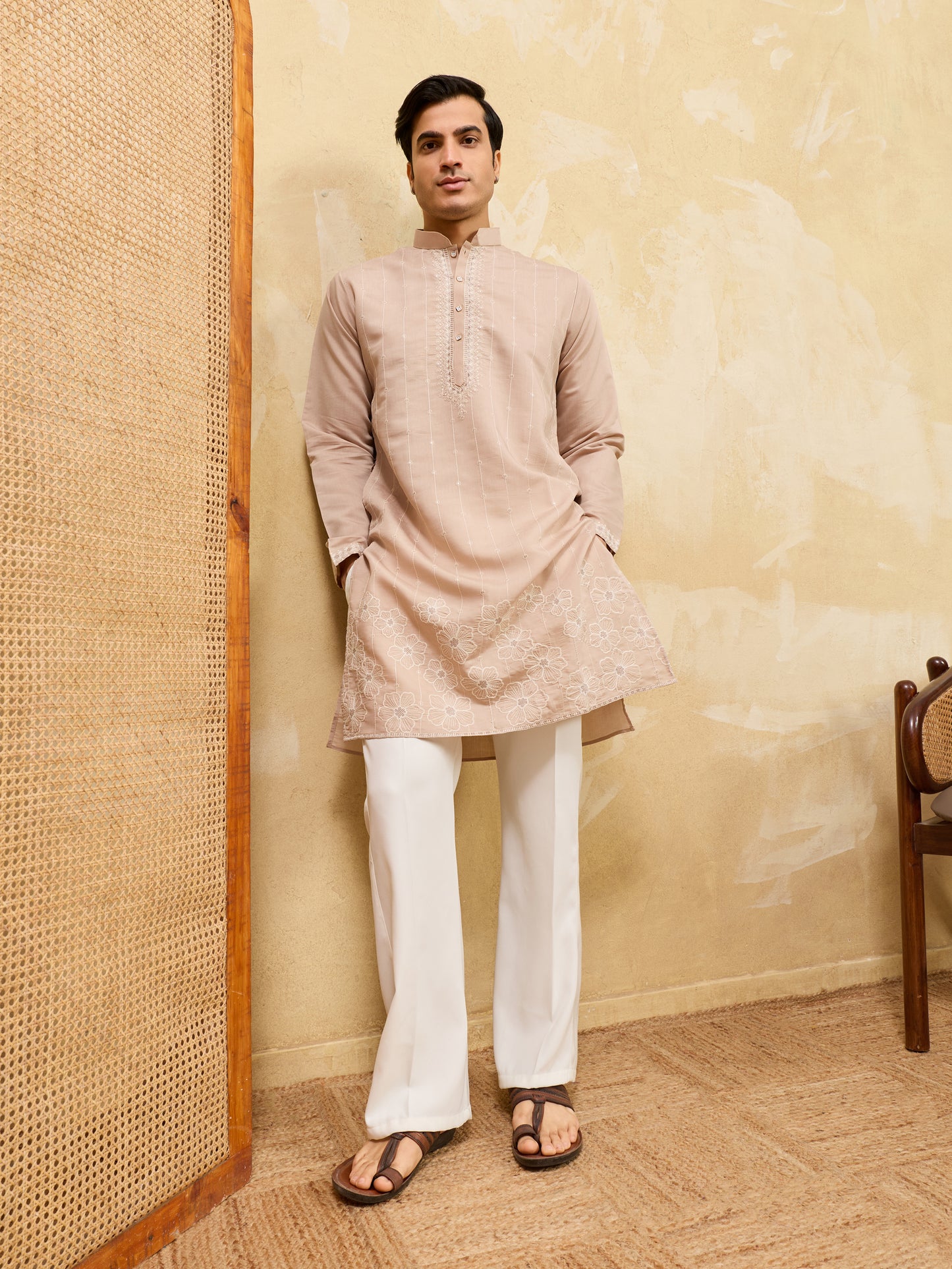 Desert Sand Royale Kurta – Premium Beige Silk Kurta with Elegant Floral Embroidery