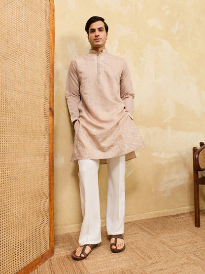 Desert Sand Royale Kurta – Premium Beige Silk Kurta with Elegant Floral Embroidery