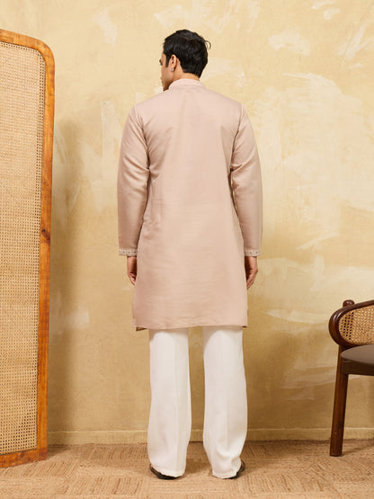 Desert Sand Royale Kurta – Premium Beige Silk Kurta with Elegant Floral Embroidery