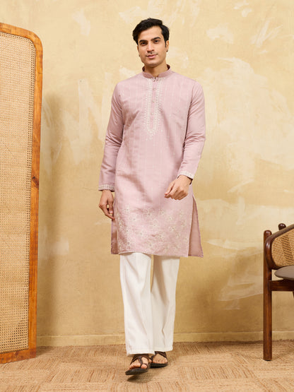 Blush Royale Kurta – Premium Dusty Rose Silk Kurta with Elegant White Floral Embroidery