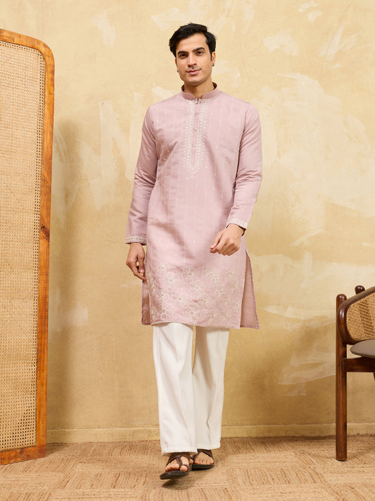Blush Royale Kurta – Premium Dusty Rose Silk Kurta with Elegant White Floral Embroidery