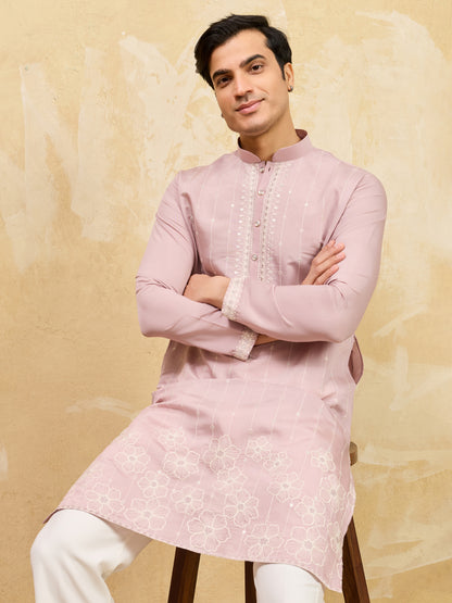 Blush Royale Kurta – Premium Dusty Rose Silk Kurta with Elegant White Floral Embroidery