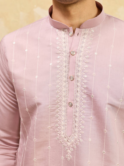Blush Royale Kurta – Premium Dusty Rose Silk Kurta with Elegant White Floral Embroidery