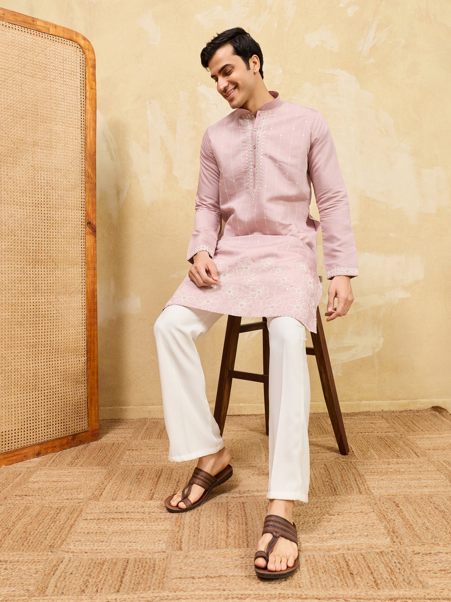 Blush Royale Kurta – Premium Dusty Rose Silk Kurta with Elegant White Floral Embroidery