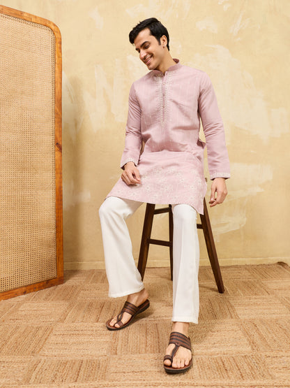 Blush Royale Kurta – Premium Dusty Rose Silk Kurta with Elegant White Floral Embroidery