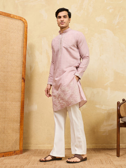 Blush Royale Kurta – Premium Dusty Rose Silk Kurta with Elegant White Floral Embroidery