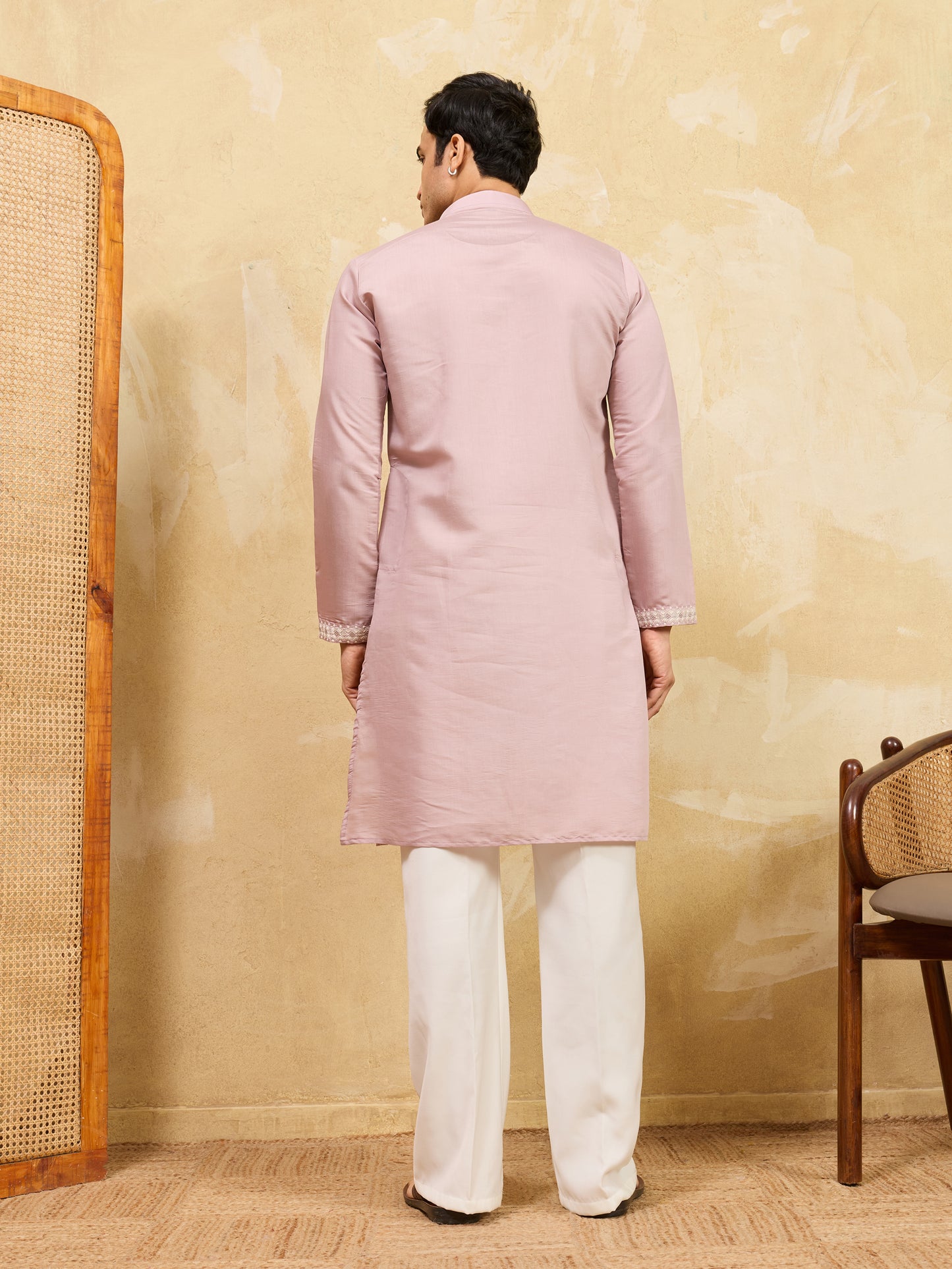 Blush Royale Kurta – Premium Dusty Rose Silk Kurta with Elegant White Floral Embroidery