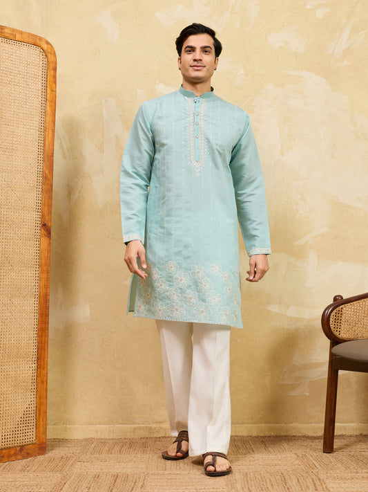 Celestial Sky Blue Embroidered Kurta for Men – Premium Festive & Wedding Wear
