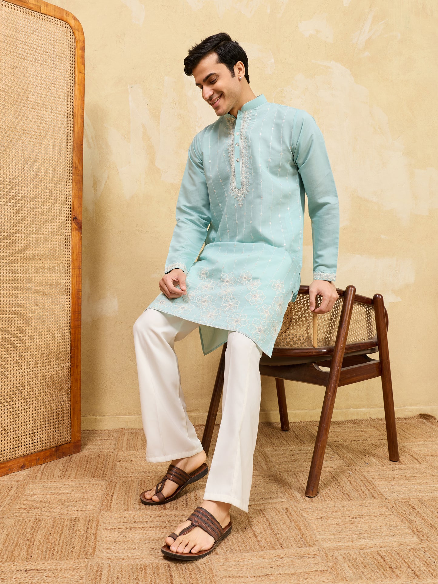Celestial Sky Blue Embroidered Kurta for Men – Premium Festive & Wedding Wear