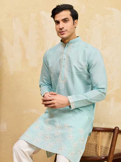 Celestial Sky Blue Embroidered Kurta for Men – Premium Festive & Wedding Wear