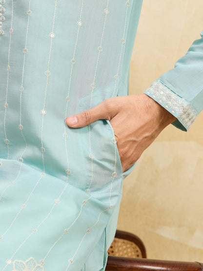 Celestial Sky Blue Embroidered Kurta for Men – Premium Festive & Wedding Wear