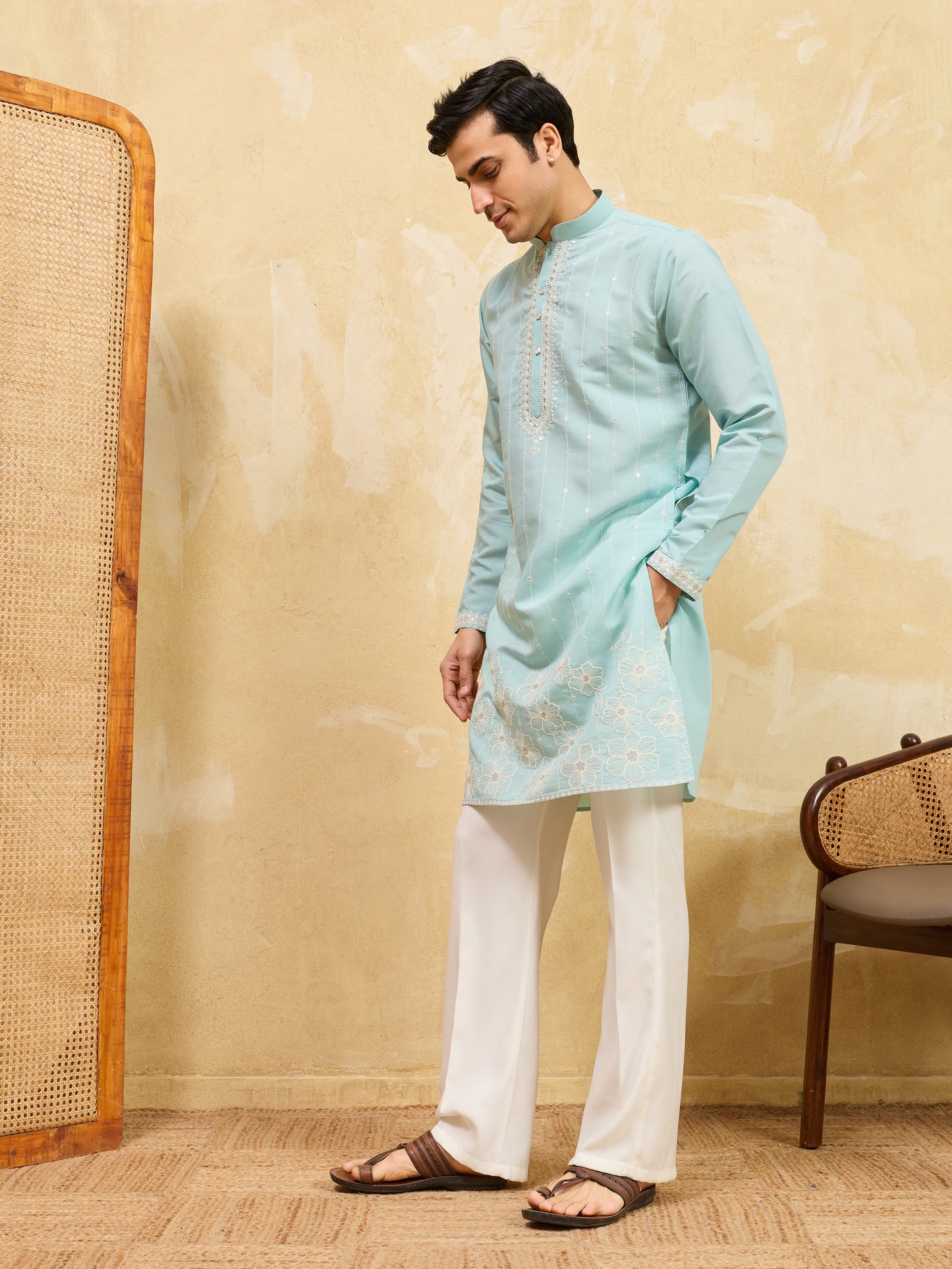 Celestial Sky Blue Embroidered Kurta for Men – Premium Festive & Wedding Wear