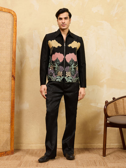 Midnight Bloom Embroidered Designer Jacket Set – Premium Black Statement Ensemble