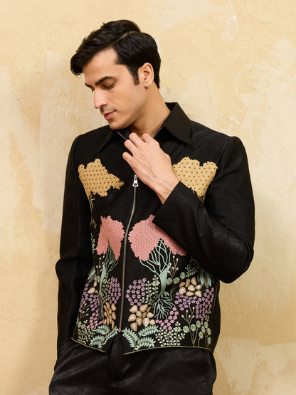 Midnight Bloom Embroidered Designer Jacket Set – Premium Black Statement Ensemble