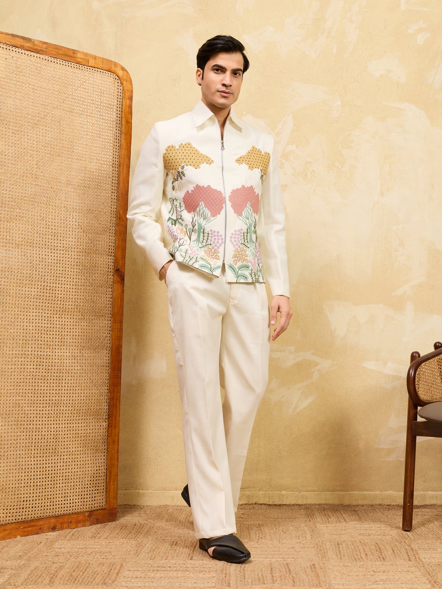 Ivory Garden Embroidered Designer Jacket Set – Luxury Botanical Statement Ensemble