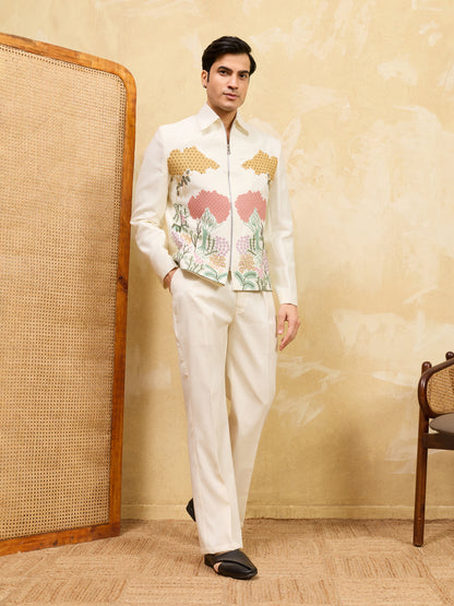 Ivory Garden Embroidered Designer Jacket Set – Luxury Botanical Statement Ensemble